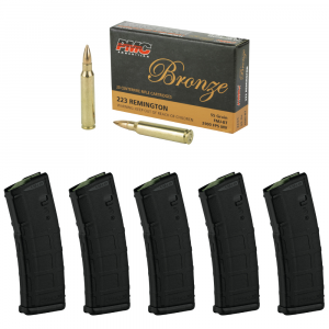 Magpul PMAG GEN 2 MOE AR-15 30 Round Magazine (5 Pack) & PMC Bronze .223 Remington FMJ 55gr Ammo 100 Rounds 64741569060080