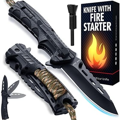 Pocket Knife 3.74" Blade, Fire Starter, Whistle & Paracord Handle, Liner Lock
