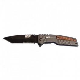 M&amp;P Bodyguard 3.5in Folding Knife Tanto Point Serrated Blade Grey with Wood SW-1085901