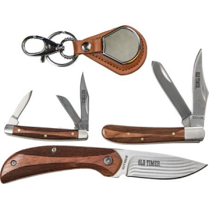 Schrade P1085950 Four Piece Gift Set Knife with Brown Checkered Wood Handle SCHP1085950