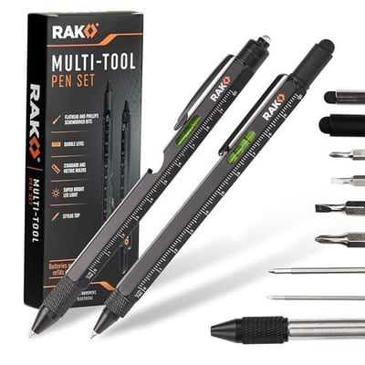 2 PackRAK Multitool Pen LED Light, Flathead, Phillips Screwdrivers, Level, Ruler, Bottle Opener, and Stylus 716350797964