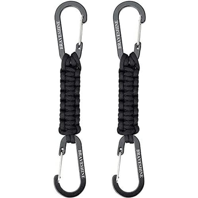 BRAVESHINE 2 Pack Black Paracord Keychain Carabiner Clips, Lanyard Hanger with Chain Hooks Heavy-Weight Stroller Hook Holder 