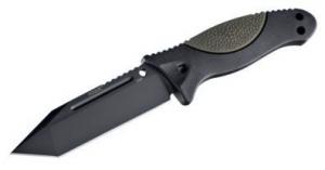 Hogue EX-F02 4.5in. Fixed Tanto Blade Black Kote Auto Retention Sheath Black, Rubber OverMold Handle OD Green 35241
