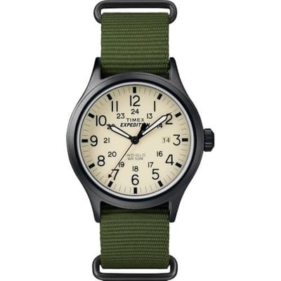 Timex Men's Expedition Scout 40mm Watch – Black Case Cream Dial with Green Fabric Strap TW4B15500