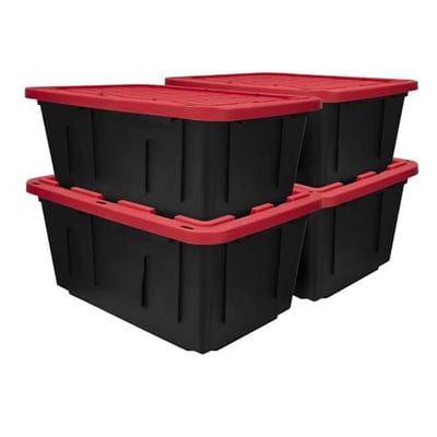 TnLoji 4 Pack, 27 Gallon Large Storage Bin, Plastic Storage Container with Stackable Snap-On Lid, Black and Red FHT-012