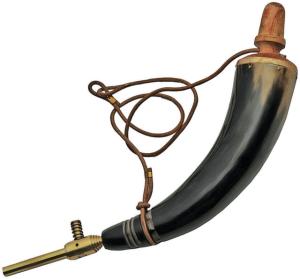 Pakistan Powder Horn Brass Tap, 15in Overall, 11in Powder Horn Length, Brass Tap, Leather Strap, Black, 230961 230961