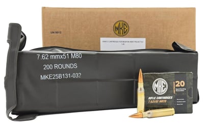 MKE 7.62x51mm NATO (308) 147 Gr M80 FMJ Brass Rifle Ammunition 1000 rd Case (5 x 200 rd Packs) AM8293