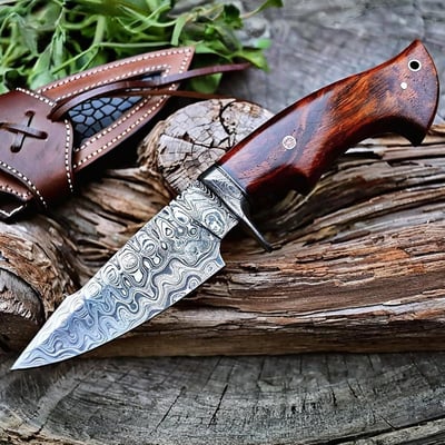 BIGCAT ROAR Predator Hunter - Patented Handmade Damascus Steel Fixed Blade Hunting Knife 10" - Walnut Wood Handle & Leather Sheath - $47.99 (Black Friday Deal) BC-024