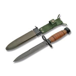 German Fighter Bayonet with Stacked Leather Handles and Black Coated Stainless Steel 6.625" Dagger Plain Edge Blades Model 211132 211132