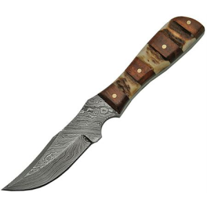 Damascus Knives 1109 Mini Hunter Fixed Damascus Steel Clip Point Blade Knife with Stag Bone and Wood Handle DM1109