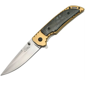 China Made 300370GB Assisted Opening Drop Point Linerlock Folding Pocket Knife with Gold Finish Stainless Handles