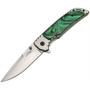 China Made 300370GN Assisted Opening Drop Point Linerlock Folding Pocket Knife with Stainless Green Resin Front Handle