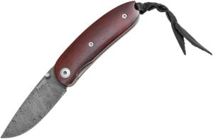 Lionsteel Mini Damascus Linerlock Folding Knife, 2.25in Damascus Steel Drop Point, Santos Wood Handle, Thumb Stud, 8210D ST