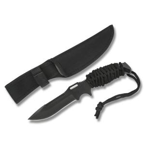 Master Cutlery Military Fixed Blade with Black Cord Wrapped Handles and Black Coated Stainless Steel Drop Point Plain Edge Blades Model HK-1020 805319052340