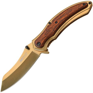 MTech A1030GBR Framelock Stainless Blade A/O Knife with Gold and Brown Pakkawood TiNi Finish Handle