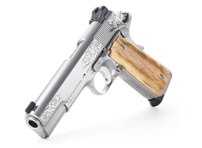 Nighthawk Custom VIP Silver Government 9mm 5" Barrel 8rd Pistol, Mammoth Bark Grips, Engraved 