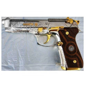 BERETTA 92 HGA 9MM 4.9 BL S HIGH POLISH NICKEL ENGRAVED WITH GOLD ACCENTS WOOD GRIPS 3/15RD MAGS