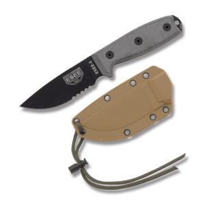 ESEE 3SM Black Blade Partially Serrated Modified Pommel Coyote Brown Sheath ESEE-3SM