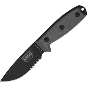 ESEE 3SMMB Model 3 Part Serrated Fixed Blade Knife with Black Linen Micarta Handles ES-3SM-MB