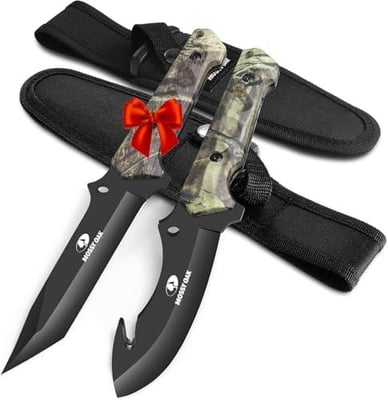 MOSSY OAK Fixed Blade Hunting Knife Set - 2 Piece, Full Tang Handle Straight Edge and Gut Hook Blades Game Processing Knife, Sheath Included - Green Camo 