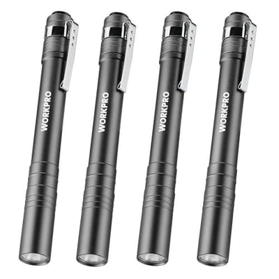 WORKPRO LED Pen Light, Aluminum with Clip for Inspection, Emergency, Everyday, 2AAA Batteries Include, Gray (4-Pack) 820909682776