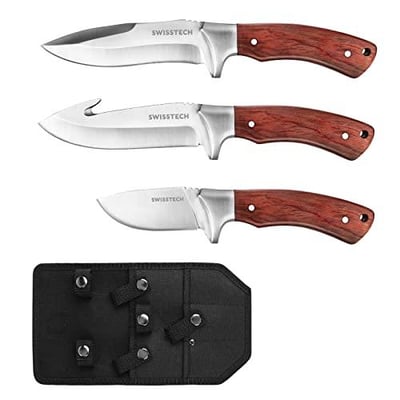 Swiss+Tech 3-Piece Hunting Knife Set - Full Tang Survival, Bowie, Camping & Gut Hook Knife with Sheath - Perfect for Dad, Husband or Men - Outdoor Hunting, Camping, Hiking Gift 