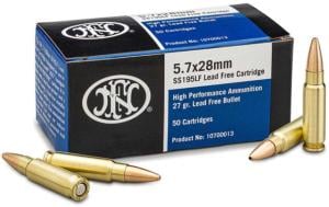 FN America 5.7x28mm SS195LF 27 Grain Lead Free Jacketed Hollow Point Brass Cased Pistol Ammo, 50 Rounds, 10700013