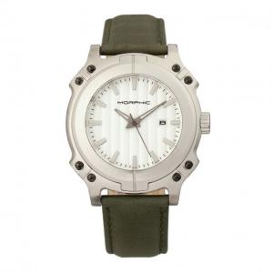Morphic Morphic M68 Series Leather-Band Watch w/ Date, Silver/Olive, MPH6801