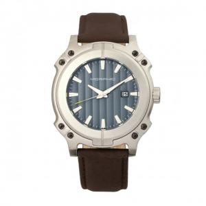 Morphic Morphic M68 Series Leather-Band Watch w/ Date, Silver/Brown, MPH6803