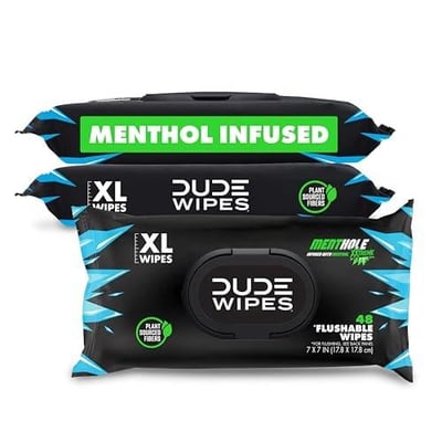 DUDE Wipes MentHOLE XXtreme Flushable Wipes Menthol Infused Extra-Large Adult Wet Wipes 3 Pack (144 Count) Infused with Menthol for a Cooling Sensation Septic and Sewer Safe 850030628954