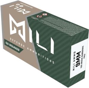 Mili Ammunitions 9mm Luger 155 Grain Subsonic Full Metal Jacket Brass Cased Pistol Ammo, 50 Rounds, M9mmCFMJ155-B51 M9mmCFMJ155B51