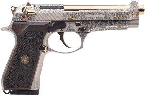 Derya Firearms 10L.FLR.MELIK9.TR Melik Fight Limited Run 9mm Luger 10+1 4.90" Gold PVC Steel Barrel  Nickel w/Engraving & Gold Accents Serrated Steel Slide  Nickel w/Engraving Aluminum Frame w/Beavertail  Mahogany Dark Wood Grip 