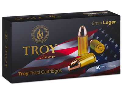 TROY 9MM 115GR FMJ Ammo, 50rds 850074603221