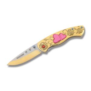 Rough Rider Sweetheart Linerlock 4"  with Gold Aluminum Handle and 440A Stainless Steel Plain Edge Blades Model RR 1493