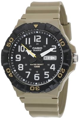 Casio MRW210H Series Men's Analog Watch Beige/Black Sporty Design 100 Meter Water Resistance Date Display Rotary Bezel Regular Time Keeping (HR, Min, SEC, PM, Date, Day) 3 Year Battery 889232322261