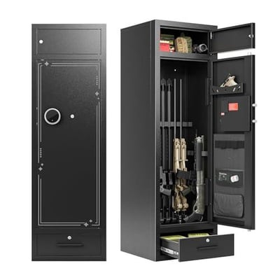 Zevemomo 10-12 Gun Safes, Gun Safe for Rifles and Pistols Safe for Home, Quick & Easy Access Gun Cabinets for Rifle and Handgun with LED Light & Drawer, Electronic Lock GSAFE-10-12