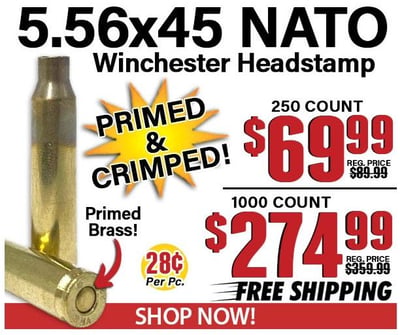 Winchester 5.56x45 NATO Winchester Headstamp Primed & Crimped Rifle Brass 1000 Count - $274.99 + Free S/H 