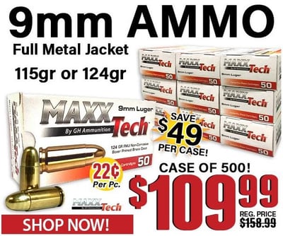 MAXXTech 9mm 124 Grain Full Metal Jacket 500 Round Case - $109.99 + Free S/H 