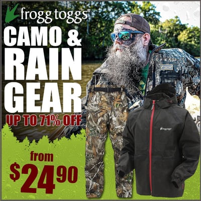 This is ribbeting!! Frogg Toggs camo & rain gear up to 71% off from $8.91 (Free S/H over $25)