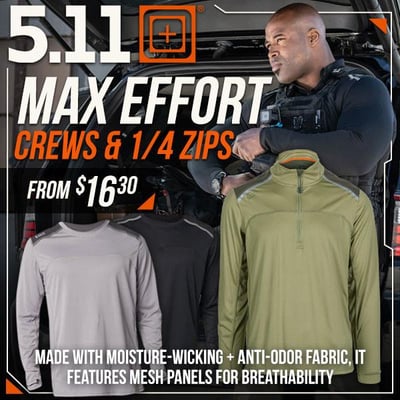 70% OFF: 5.11 Max Effort Crews & 1/4-Zips from $16.3 (Free S/H over $25)