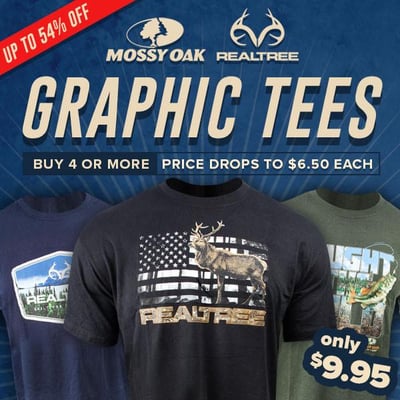 $9.95 Realtree & Mossy Oak Tee Designs, Buy 4+ & price drops $6.50 (Free S/H over $25)