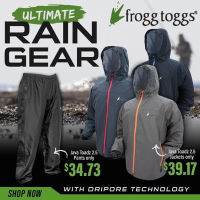 Frogg Toggs ultimate wet weather gear. Java Toadz 2.5 Jackets from $39... Pants $35 (Free S/H over $25)