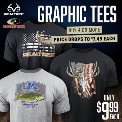 $9.99 Realtree & Mossy Oak Tee Designs, Buy 4+ & price drops to $7.49 (Free S/H over $25)