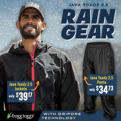 Frogg Toggs ultimate wet weather gear. Java Toadz 2.5 Jackets from $39... Pants $35 (Free S/H over $25)
