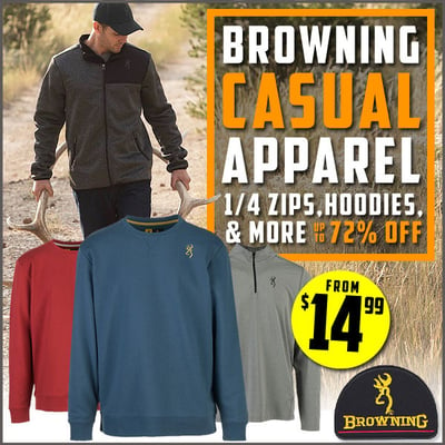 Browning sweatshirts, 1/4 zips & hoodies from $15 (Free S/H over $25)