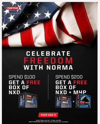 Spend $100 Get A Free Box of NXD Or Spend Spend $200 Get A Free Box of NXD + MHP @ Norma Shooting (Free S/H over $149)