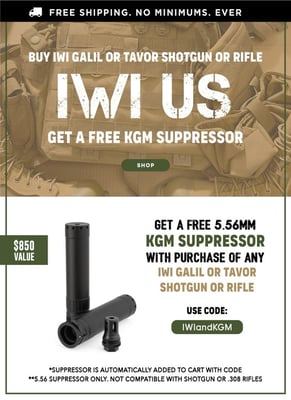 Get A FREE Suppressor with IWI Galil or Tavor Firearms with code: IWIandKGM (Free S/H)