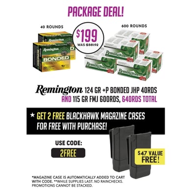 Remington 124 Grain +P Bonded JHP 40rds & 115 Grain FMJ 600rds - 640 Rounds Total - $199 + 2 FREE Magazine Cases with code: 2FREE (Free S/H)