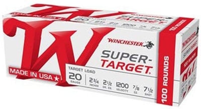 Winchester Ammo TRGT207VP Super-Target Light Target 20 Gauge 2.75" 1 1/8 oz 7.5 Shot 100 round - $34.99 (FREE Shipping over $50)