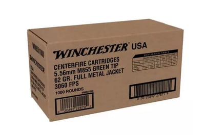 Winchester USA M855 Green Tip Steel Core 5.56x45mm NATO Rifle Ammunition 1000 Round Box - $599.99